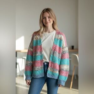 Handmade lions brand wool chucky knit Striped Multicolor Women Sweater osfm s-L